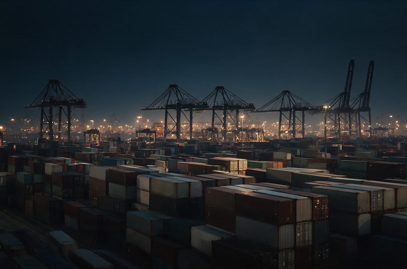 Container terminal with gantry cranes at dusk