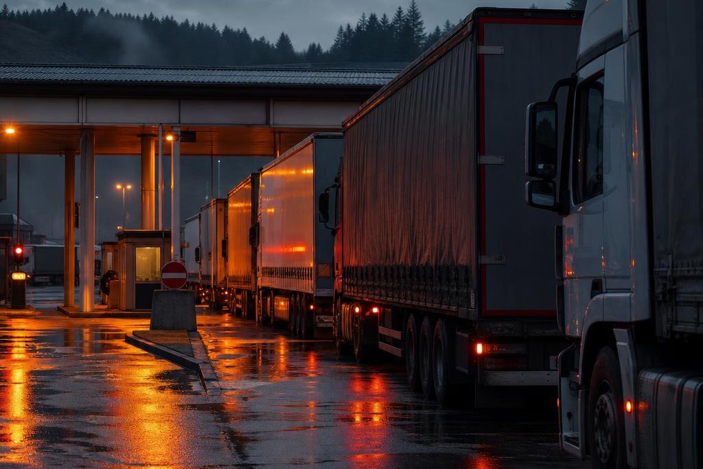 Trucks queuing at a road border crossing at dusk