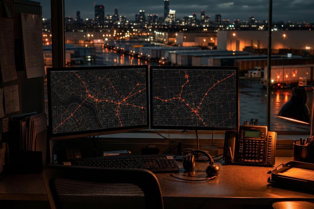 A dispatch office at night with route maps on the monitors