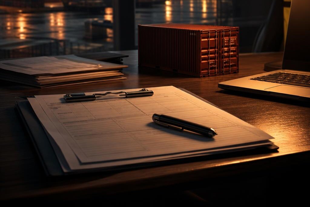 Shipping documents on a clipboard beside a laptop and a model container