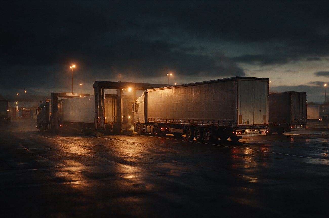 Trucks at the loading docks of a freight terminal at dusk