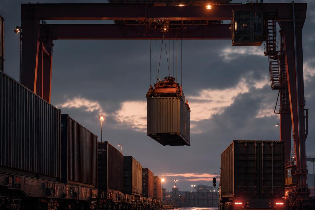 A gantry crane moving a container between a train and a truck at an intermodal terminal