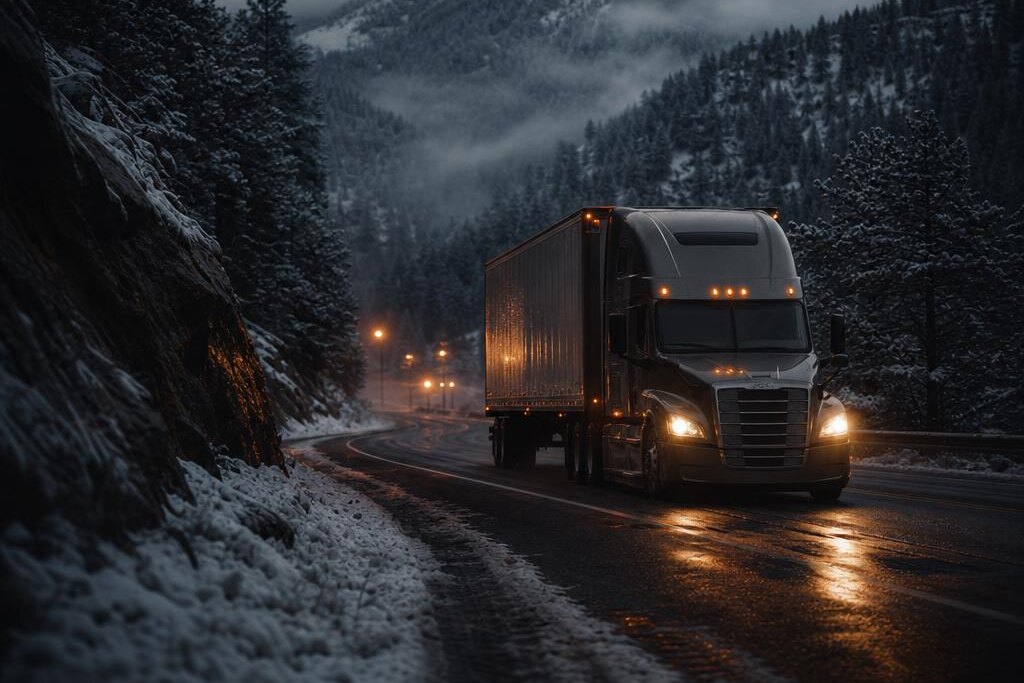 A truck on a mountain road under the first snow at dusk