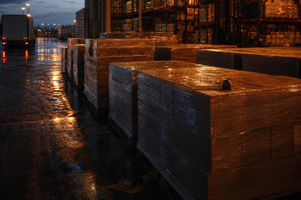 Stretch-wrapped pallets of goods in a warehouse, ready to be measured and loaded