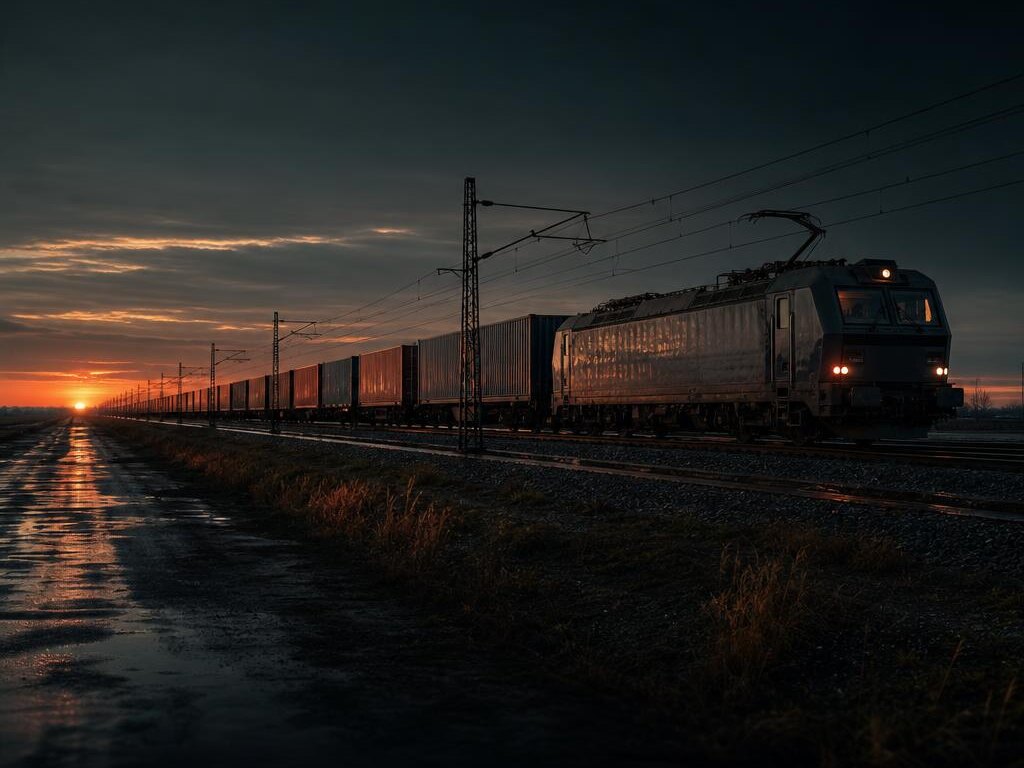 A container freight train on a straight line at dusk