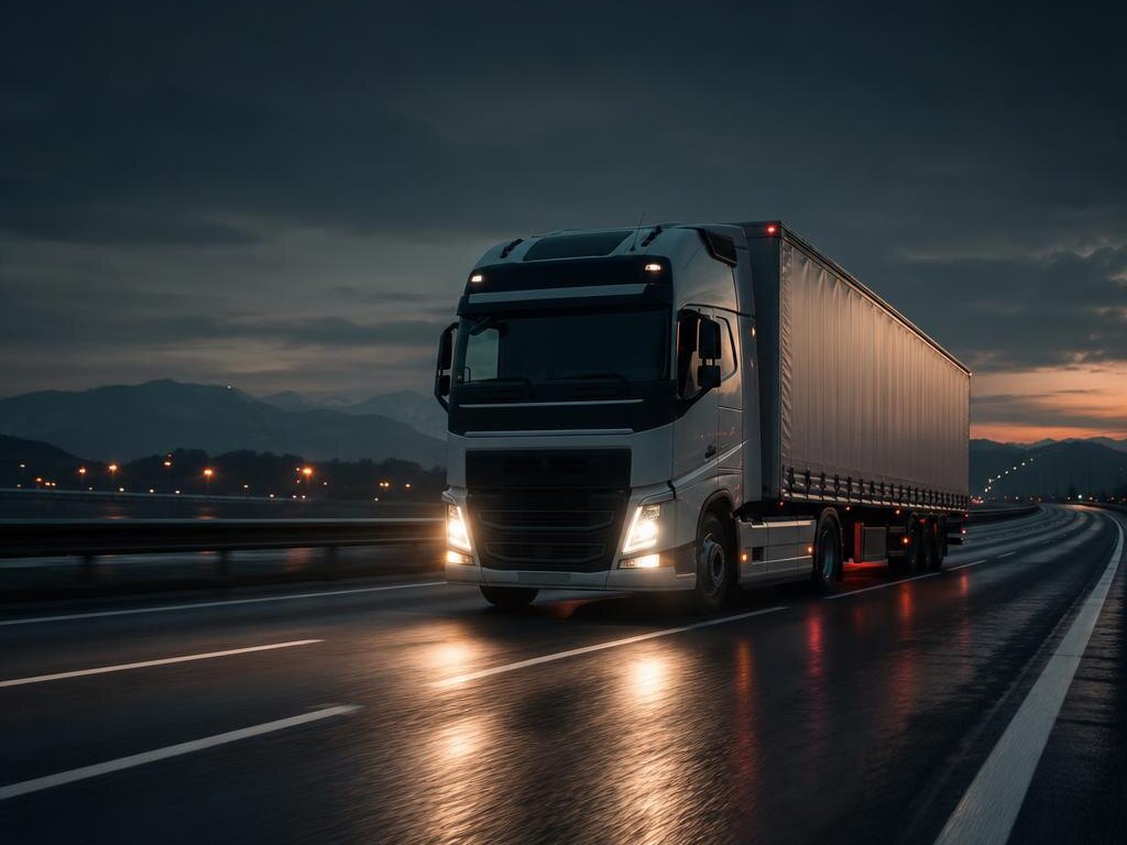 A semi-trailer truck on a motorway at dusk
